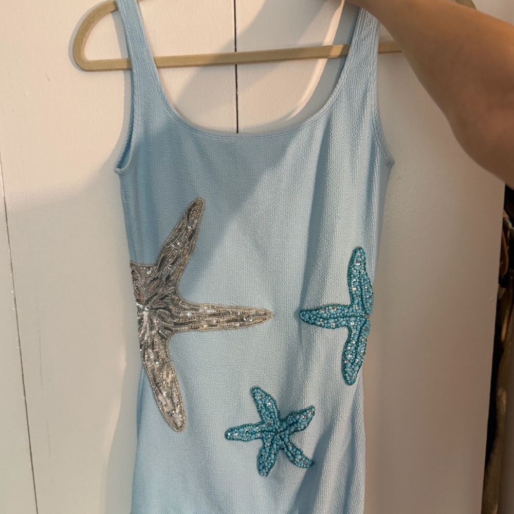 Leslie Amon AUTHENTIC NWOT Elegant Blue Dress with Starfish Embellishments - Picture 2 of 6